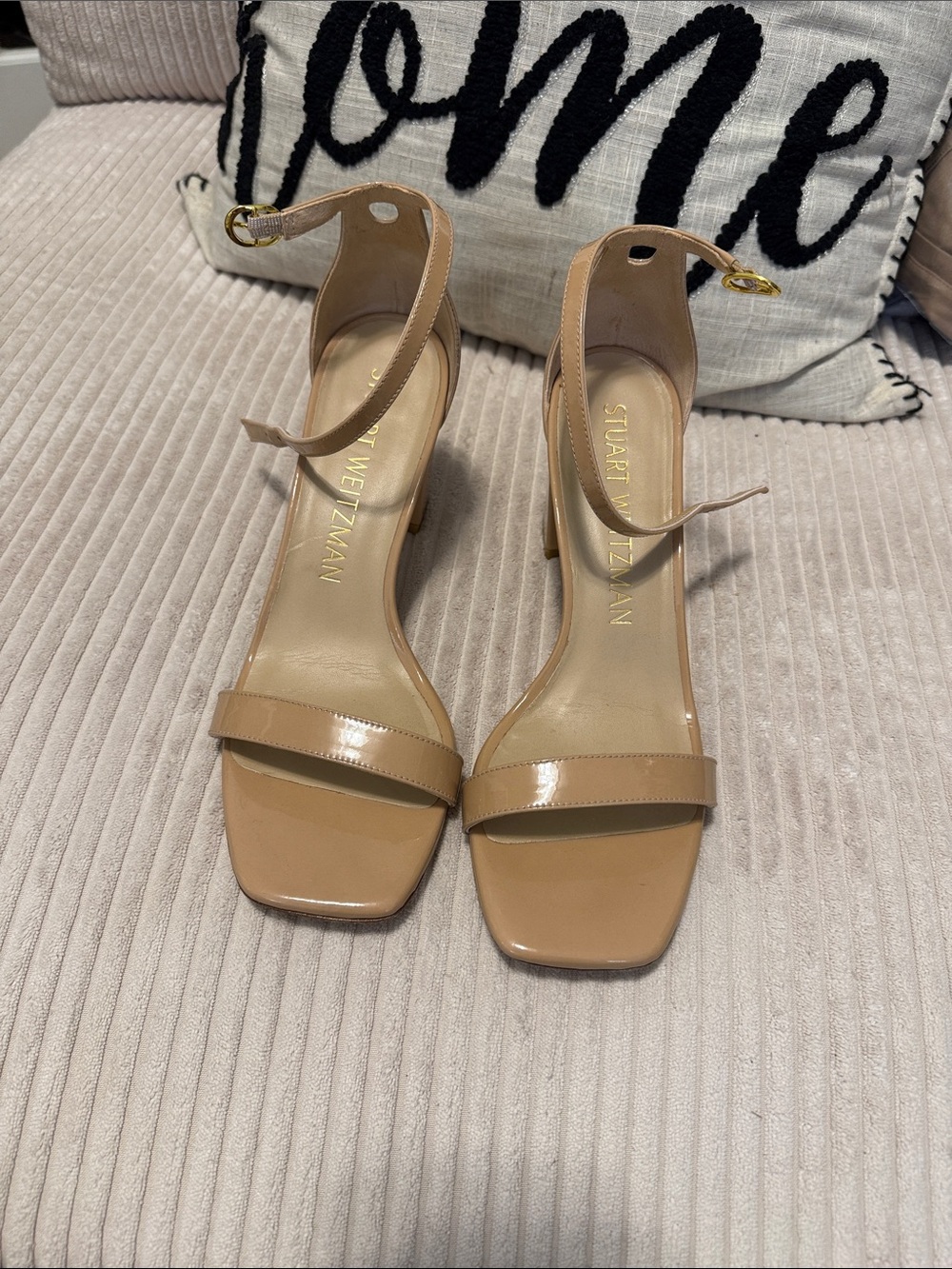 Stuart Weitzman Nude Patent Leather Ankle-Strap Heels
